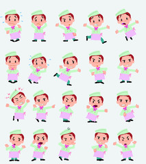 Cartoon character chef. Set with different postures, attitudes and poses, doing different activities in isolated vector illustrations.