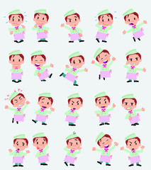Cartoon character chef. Set with different postures, attitudes and poses, doing different activities in isolated vector illustrations.