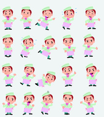 Cartoon character chef. Set with different postures, attitudes and poses, doing different activities in isolated vector illustrations.