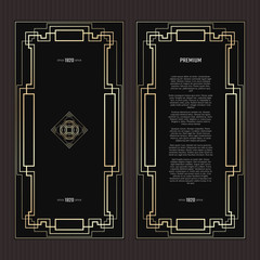 Vector geometric frame in Art Deco style. Rectangle abstract element for design. Black and golden lined shape. Sandblasting ornament.