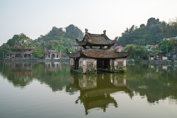 Naklejka premium Floating temple in Thay Pagoda or Chua Thay, one of the oldest Buddhist pagodas in Vietnam, in Quoc Oai district, Hanoi
