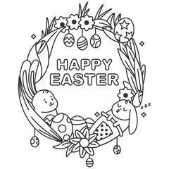 Easter coloring page with cute bunny, egg, spring flower and grass. Vector linear holiday wreath illustration on white background.