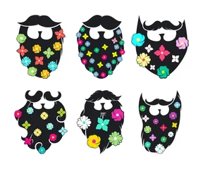 Fotobehang Man beard and mustache with spring flowers vector cartoon set isolated on a white background. © Roi_and_Roi