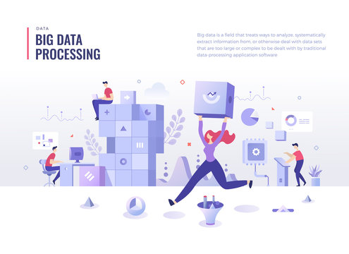 Big Data Processing Flat Illustration Concept. People collect, store and analyze data