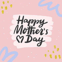 Happy mother's day hand sketched calligraphy on textured doodle background. Mother's day greeting card template with hand drawn lettering and gold texture. Vector EPS 10