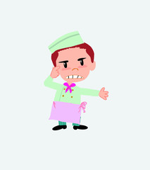 Chef, is angry and points his head with his index finger.