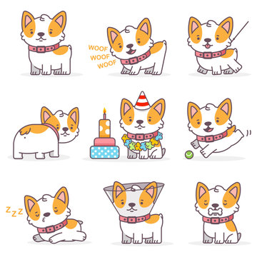 Corgi cute cartoon dog vector character set. Funny little puppies isolated on a white background. Pets illustration in different actions.