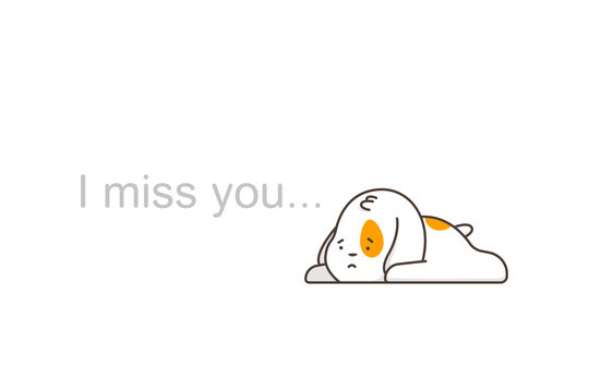 Miss you vector cartoon flat concept illustration with cute sad dog isolated on a white background.