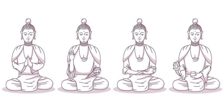 Buddha vector cartoon characters set. God illustration in different poses isolated on white background.