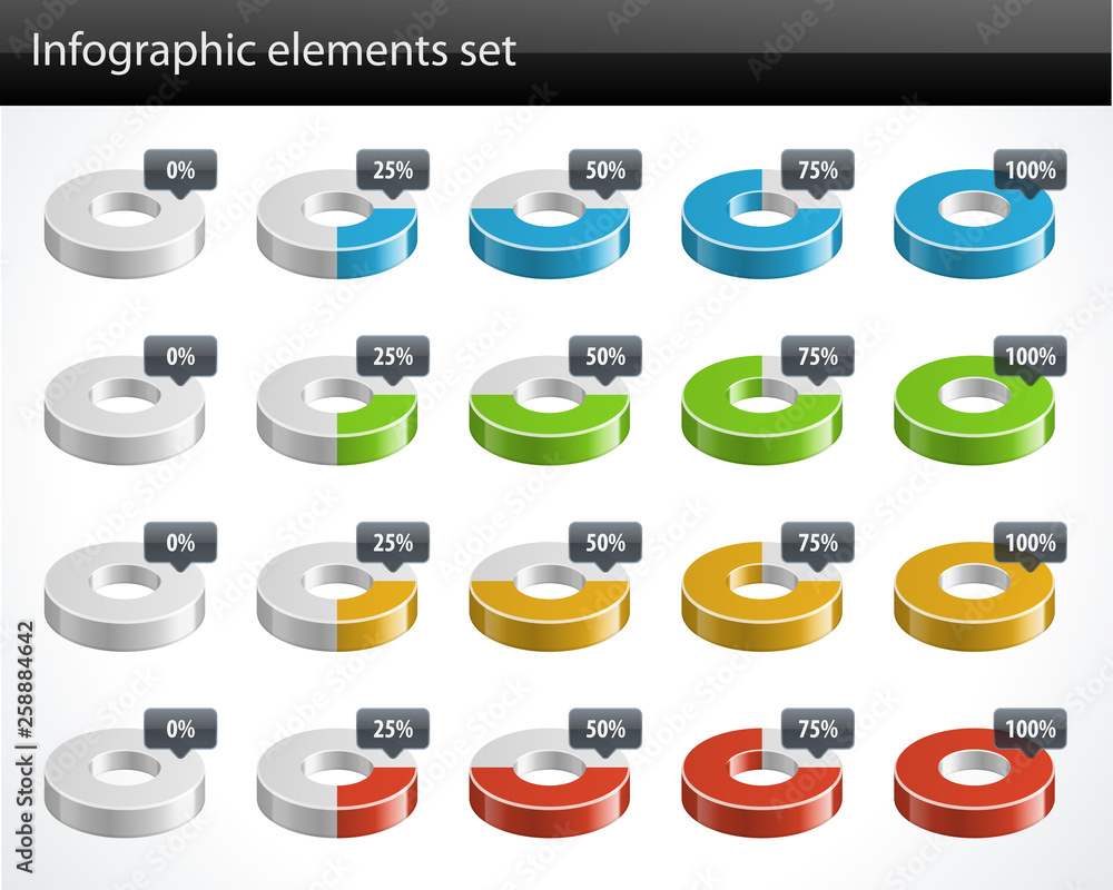 Poster 3d circular diagrams and percent vector design elements isolated on white background
