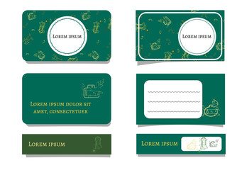 Template emerald green business cards with bottles and plants. Floral ornament and white dies for text. Vector illustration for natural trend, cosmetics, perfumery. Stylish eco-friendly color