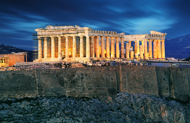 Acropolis hill - Parthenon temple in Athens at night, Greece