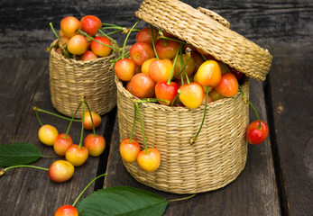 yellow cherry in sack basket o wooden table