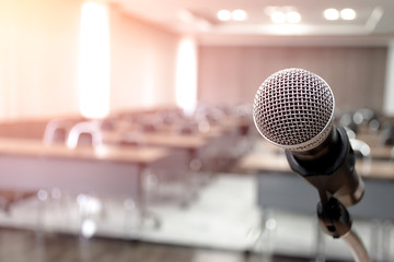Microphone on stage of speech with copy space in seminar room