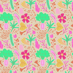 Plant abstract colorful seamless pattern with floral elements. Flower endless texture in flat style. Australian nature background. Vector illustration
