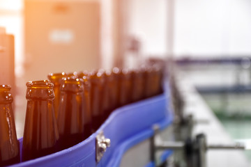 Beer bottle on conveyor belt into beer bottling process