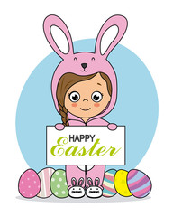 Happy easter card. Little girl dressed as a rabbit 