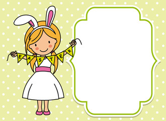 Happy easter card. Girl dressed as a rabbit with blank space
