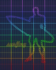 Man posing with surfboard. Blue print style silhouette