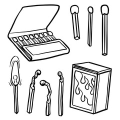 Safety match ignite burn icons set. Cartoon illustration of doodle Safety match vector icon for web isolated on white background
