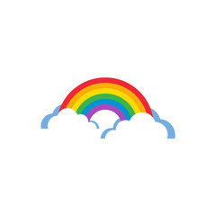 Rainbow arch with two clouds colorful vector icon with primary color spectrum. Rainbow 6-colors curve with white clouds with blue shadow simple icon.