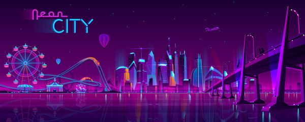Vector big bridge to amusement park. Modern megapolis on river and Ferris wheel. Night architecture background with glowing buildings in cartoon style. Urban skyscrapers in neon colors.