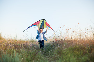 happy laughing running little caucasian boy with kite above head in summer field