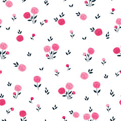 Simple floral seamless pattern with hand drawn pink flowers and leaves for textile, wallpapers, gift wrap, scrapbook. Vector.