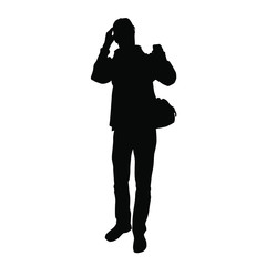 Silhouettes of a teenager taking pictures of himself on a smartphone sending a message, black color, isolated on a white background