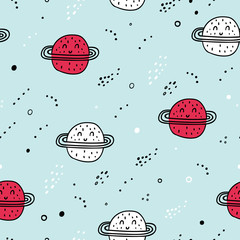 Space seamless pattern. Vector illustration for children. Trendy kids vector background. Red and white planet on blue background.
