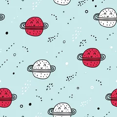 Wall murals Cosmos Space seamless pattern. Vector illustration for children. Trendy kids vector background. Red and white planet on blue background.