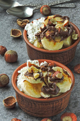 Healthy breakfast or snack with cottage cheese, banana and chocolate-nut paste. Keto diet. Keto dessert.