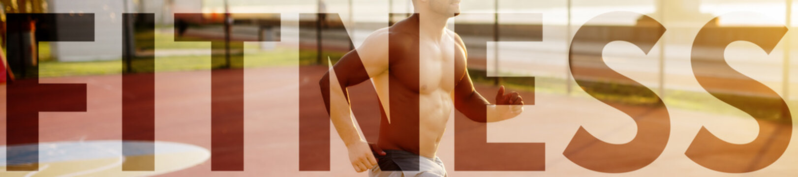 Young Caucasian shirtless man running on the court. Upper-case fitness over the picture.