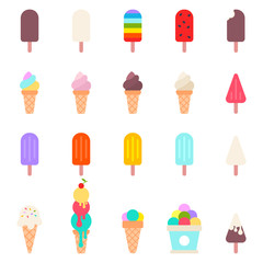 Ice cream set of different shapes and colors. Vector cartoon flat illustration isolated on a white background.