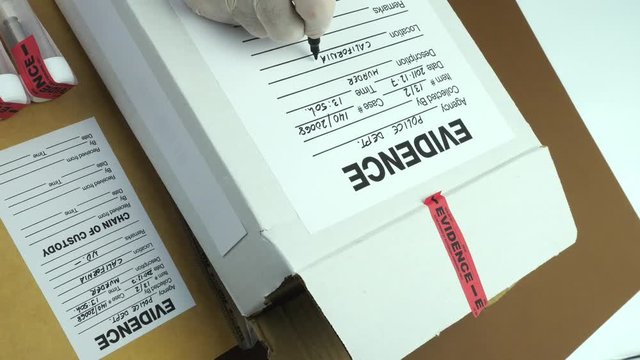 Scientific Police saving evidence bags in box murder, conceptual image