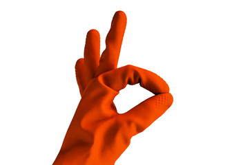 hand in rubber orange glove shows ok sign, isolated object on white background . cleaning concept
