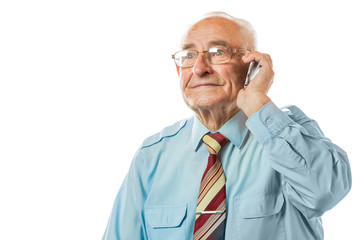 Smiling happy elderly senior man talking on mobile phone isolated on white background.