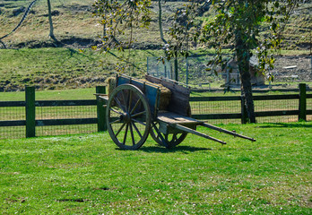 Fototapeta na wymiar old hay cart at a farm in a sunny day .