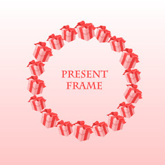 Frame with pink gift boxes and red ribbons. Beautiful element for your design.