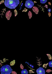 Painted watercolor composition with flowers and leaves. Frame of roses. Floral border. Can be used as invitation card for wedding, birthday, other holiday, summer background, poster, banner.