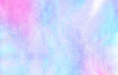 Beautiful aquarelle paper textured ink effect grungy wet pastel illustration for design. Fantasy light blue, purple and pink shades watercolor background for vintage card, retro templates. 