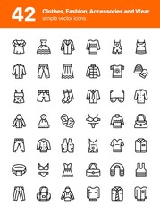 Set of 42 Clothes, fashion, accessories and wear vector line icons for web and mobile design