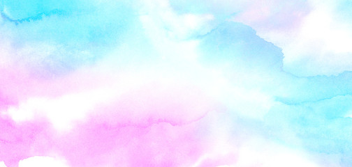 Beautiful colorful aquarelle paper textured ink effect grungy wet pastel illustration for design. Fantasy light blue, purple and pink shades watercolor background for vintage card, retro templates