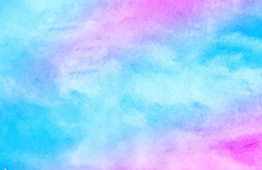 Beautiful colorful aquarelle paper textured ink effect grungy wet pastel illustration for design. Fantasy light blue, purple and pink shades watercolor background for vintage card, retro templates