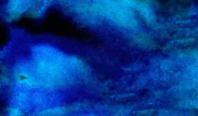 Fototapeta na wymiar Vivid textured light blue neon watercolor on deep dark paper background. Aquarelle painted lightning night sky and thunder storm, smoke texture illustration. Ink canvas for modern creative design