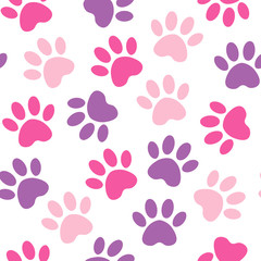 Obraz premium Paw crimson print seamless. Vector pink illustration animal paw track pattern. backdrop with silhouettes of cat or dog footprint.