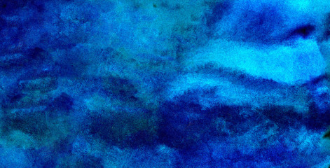 Fototapeta na wymiar Vivid textured light blue neon watercolor on deep dark paper background. Aquarelle painted lightning night sky and thunder storm, smoke texture illustration. Ink canvas for modern creative design
