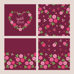 Set of card with heart of flowers and seamless patterns for textile, wallpapers, gift wrap and scrapbook. Floral elements for March 8, Valentine's Day, Mother's Day, birthday, wedding. Vector.