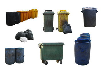 Set Plastic public trash yellow, green, blue, black recycling bins and black garbage bags. isolated on white background with clipping path.
