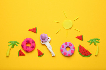 Summer beach vacation concept with LILO, watermelons and palm trees. Pleasure of tropical relaxation.